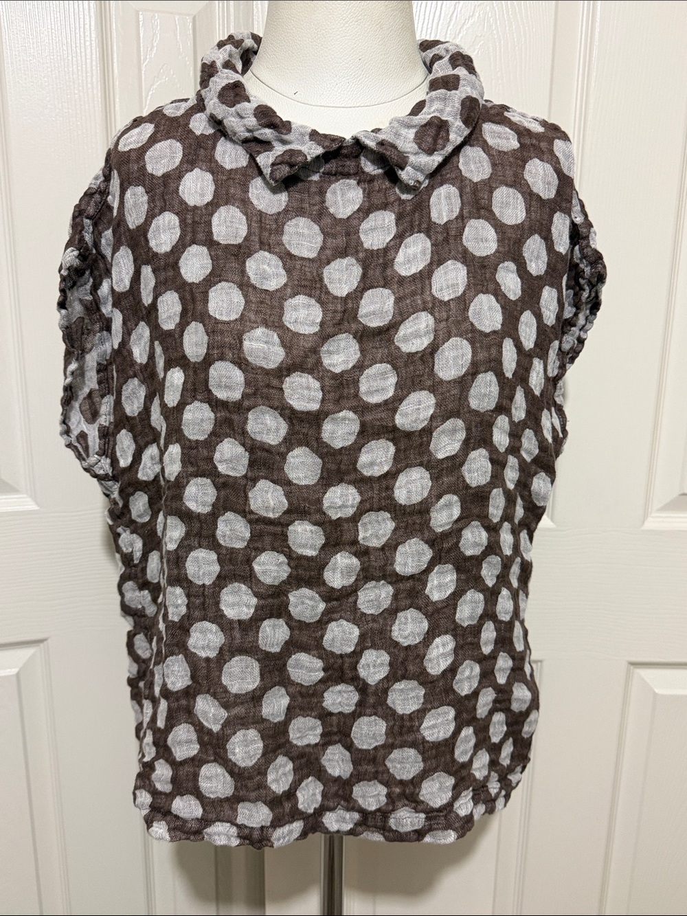 Flax Linen Polka Dot Short Dolman Sleeve Blouse Boho Natural Fibers
